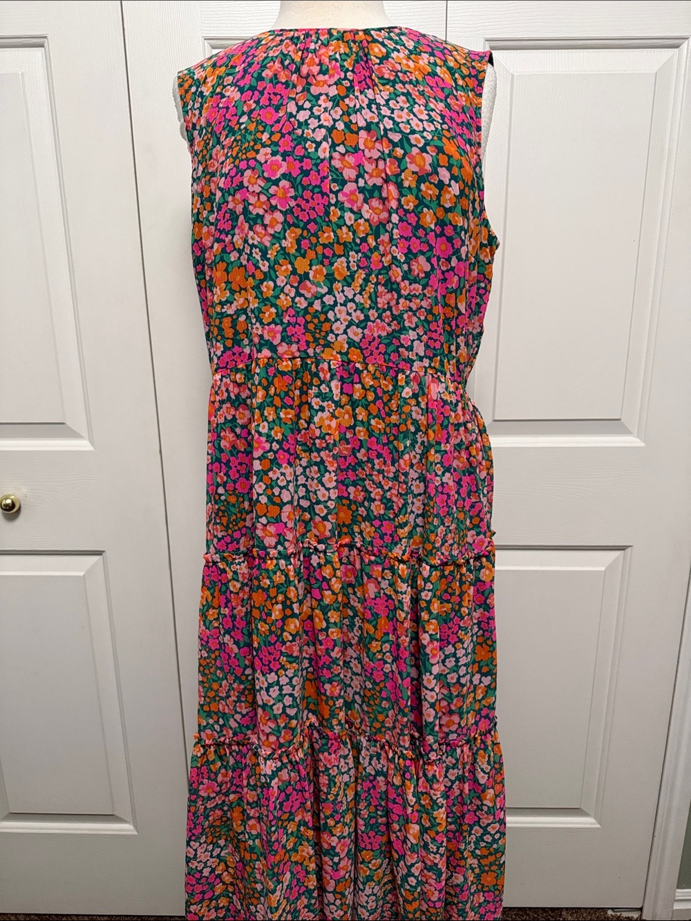 J. Crew Teal Floral Midi Dress with Pink & Orange Accents